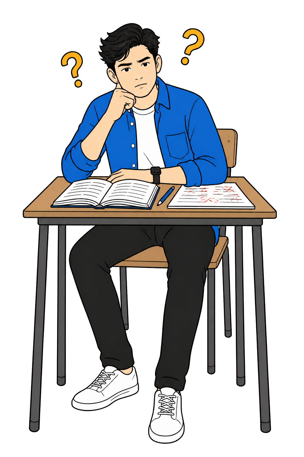 Young male student thinking through confusing study material and repeated errors