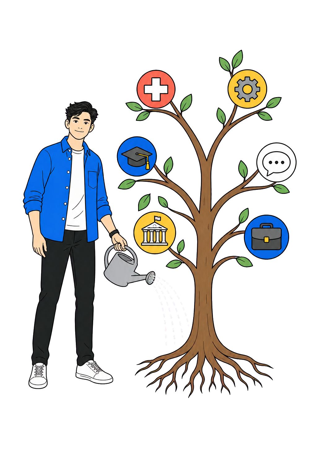Young male student watering a tree of exam ambitions